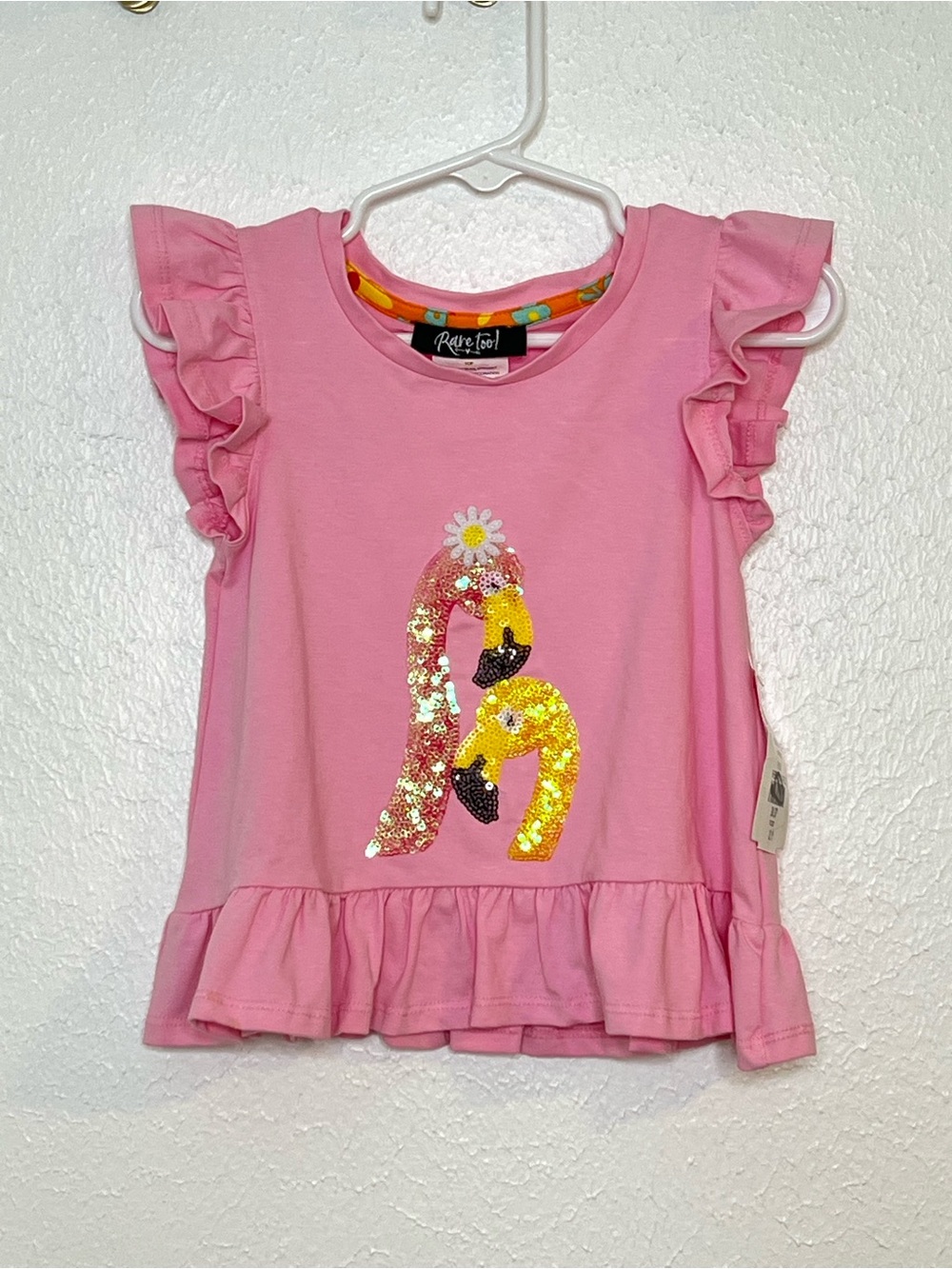 Ruffle Sleeve Pink Flamingo Sequin Tank Top by Rare Too